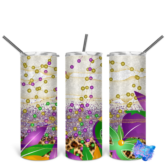 Mardi Gras Beads and Mask Skinny Tumbler