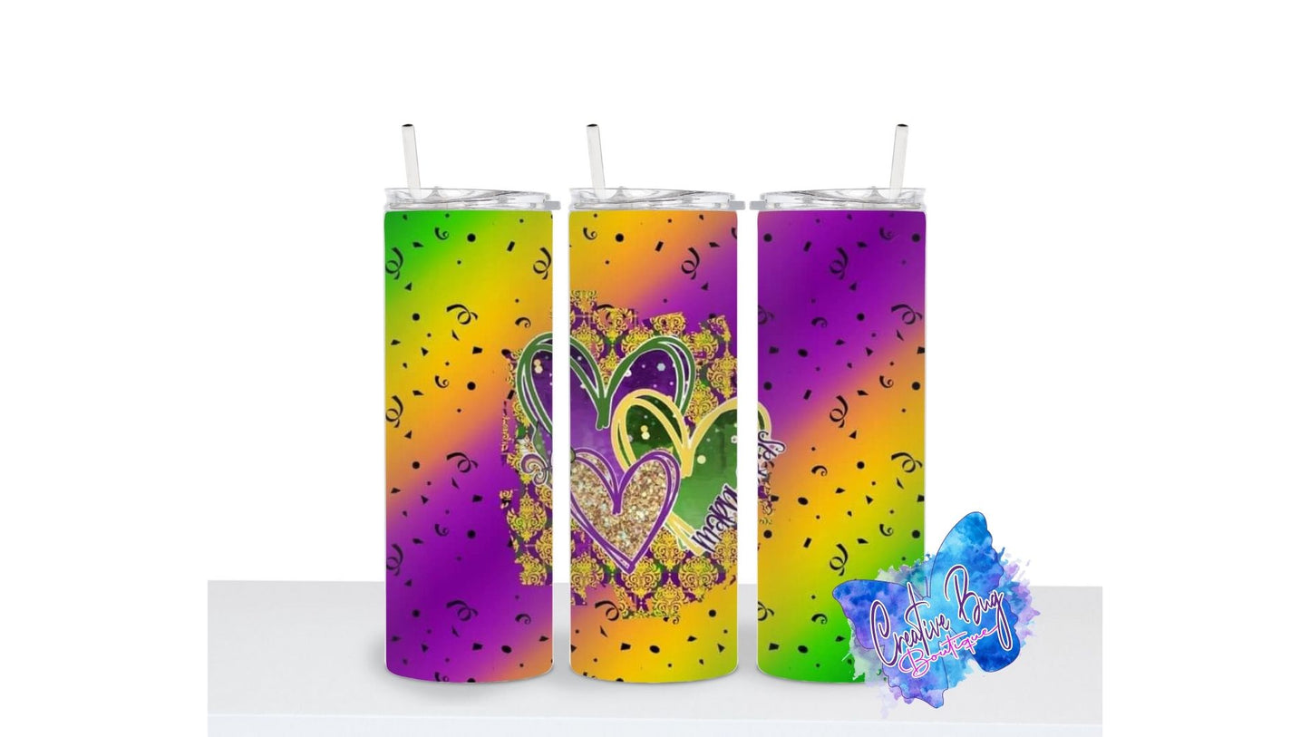 Mardi Gras Hearts Skinny Tumbler